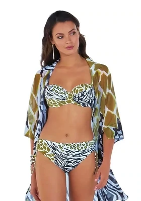 Roidal Namibia Teldi E Cup Bikini. The fabric is an abstract animal print. The bikini pants are high waisted. The bikini top has underwires to provide E-cup sized bust support. The shoulder straps are length adjustable.