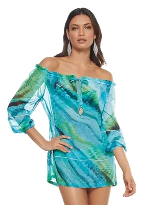 Roidal Oceanic Lidiana Tunic. The semi-sheer fabric has a water ripple print of turquoise and green.
