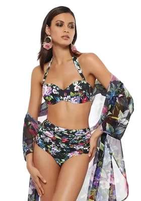 Lilian Paola D-Cup Bikini. Floral design on a Black background. Underwired top with high waisted pants.