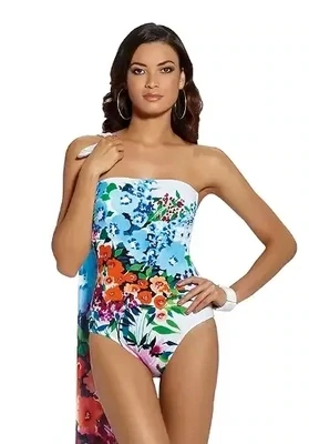 Roidal Katel swimsuit has a fully removable halter neck strap allowing the suit to be changed from a strapless bandeau to a halterneck suit. The fabric is a floral print on White.