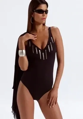 Roidal Peru Swimsuit. The Black swimsuit appears to feature elongated silver metal strips along the neckline, but cleverly they are actually comfortably soft, flexible metallic vinyl!