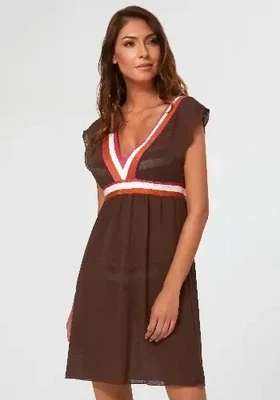 Eden Sun Dress by Nuria Ferrer. A brown, short sleeved beach dress with white and orange trim. Front view.