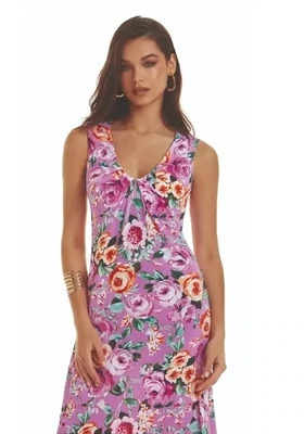 Roidal Desire Aisla Column Dress. The fabric of this maxi length beach cover up is a pink floral design.