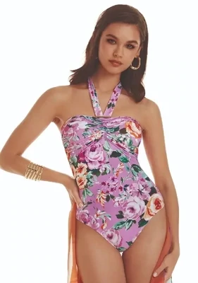 Desire Estefani Halter Bandeau Swimsuit by Roidal. A bandeau style swimsuit with adjustable straps in a pink floral print.