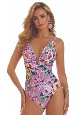 Desire Arlet Swimsuit by Roidal in a pink floral design with gold metallic "U" feature.