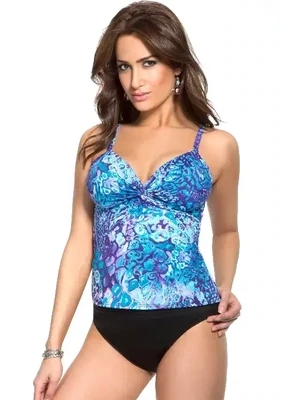 Miraclesuit Roswell Tankini Top in a blue and purple abstract pattern. Front view.