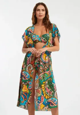 Nuria Ferrer Habana Tie-front Beach Dress in a multicoloured fabric. Front view.