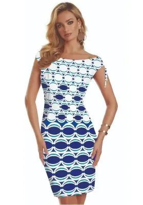 Roidal Nuvola Teldi Complice Dress in a blue and white abstract pattern. Front view.