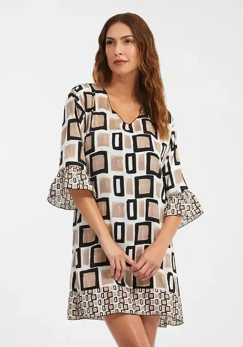 Nuria Ferrer Geo Short Kaftan Dress in a brown, white and black geometric design. Front view.