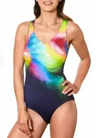 Palm Beach Sensation Swimsuit in a multicoloured fabric. Front view.