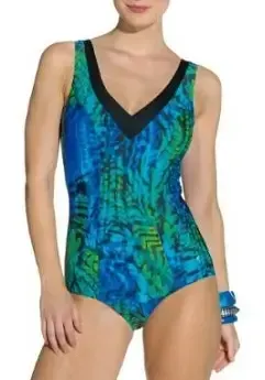 Palm Beach Mila Swimsuit in an abstract print in shades of royal blue and emerald green with black accents