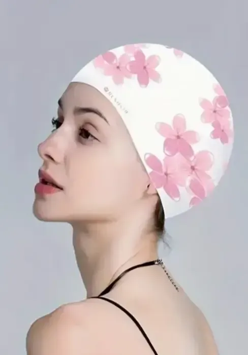White & Pink Flower Print Swim Cap