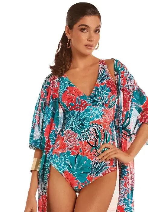 Roidal Coral Bahia Underwired Swimsuit. Blue and Orange, coral patterned Swimsuit. Shown with matching beach coverup.