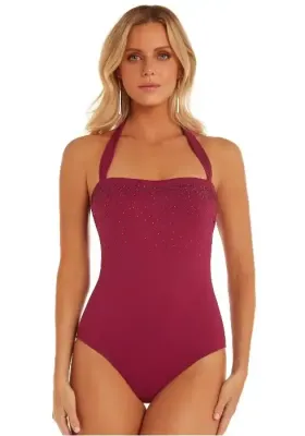 Cristal plum Bandeau Swimsuit by Roidal. A bandeau style swimsuit in a plumb fabric with Swarovski crystal embellishment. 
