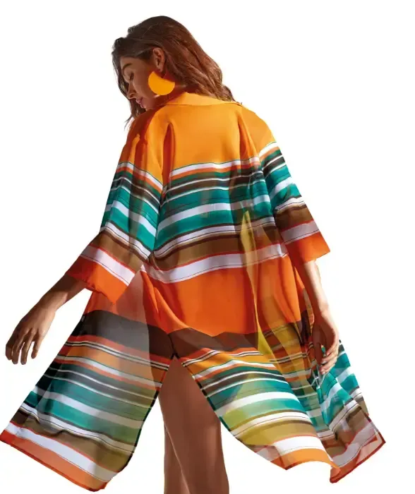 Ocra Stripe Calin Complice  by Roidal. A stylish shirt dress in an orange and green striped, painterly fabric. Rear view.