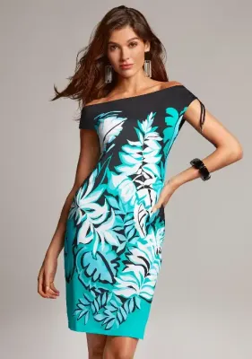 Amazonia Alma Complice Dress by Roidal. A summer dress is in a timeless sea green, turquoise blue, black and white print.