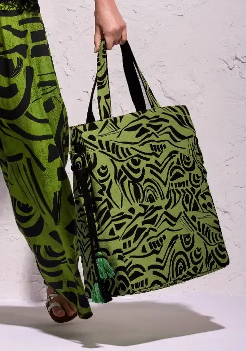 David Swimwear Primitive Soul Tote Bag in a green and black abstract pattern.