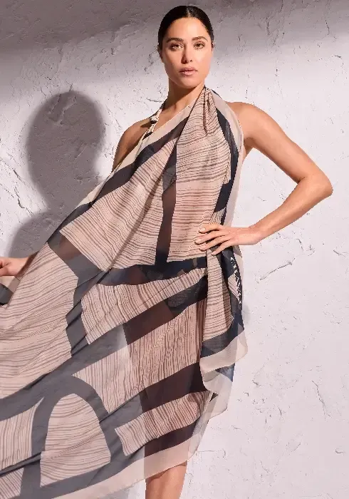 Front view of the David Swimwear Geo Vibes sarong in a cafe au lait and black colour design