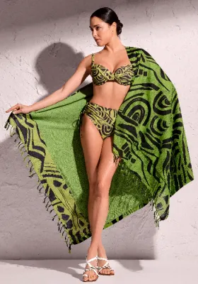 David Swimwear Primitive Soul Beach Towel. The microfiber fabric features a black swirl design on a green background