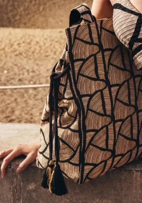 Close up of the David Swimwear Geo Vibes Tote Bag in a mocha and black abstract design