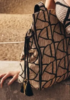 Close up of the David Swimwear Geo Vibes Tote Bag in a mocha and black abstract design