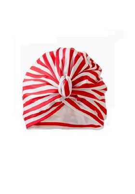 Red Stripe Splash Cap & Shower Turban Red & White Stripe Splash Cap & Shower Turban, front view showing gathered material