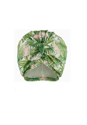 Tropical Palms Splash Cap & Shower Turban Tropical Palms Splash Cap & Shower Turban. Front view showing gathered material. Green tropical plants on a white background.