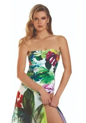 Roidal Tropic Bahia Bandeau Swimsuit. Greenery, plum and light blue colours against a white background print. Bandaeu style swimsuit.