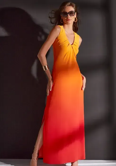 Roidal Ocra Mistral Column Dress. A yellow to orange ombre full length dress. 