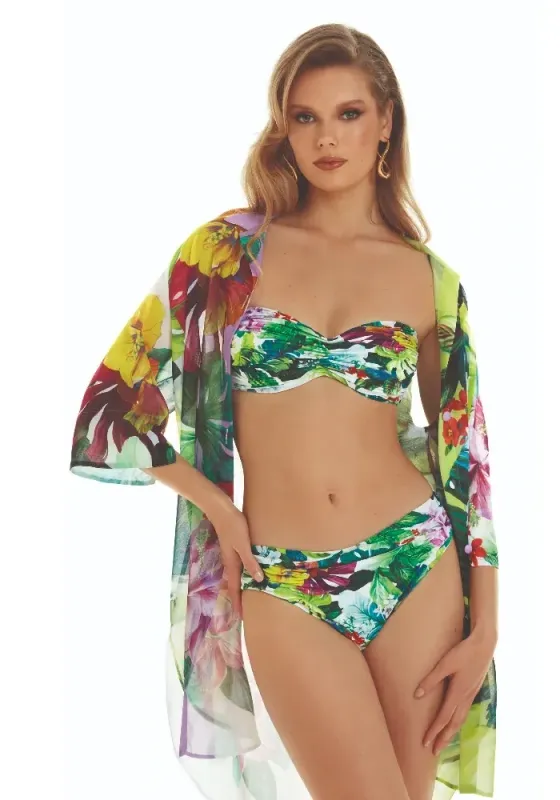 Roidal Tropic Eden Shirt Dress. Semi-sheer fabric with an abstract floral print. ½ length sleeves give good upper arm coverage. 