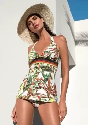Canaima Tankini by Nuria Ferrer in a botanical print, textured fabric. Lifestyle photo.
