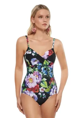 Roidal Agata swimsuit. Floral print on a black background.