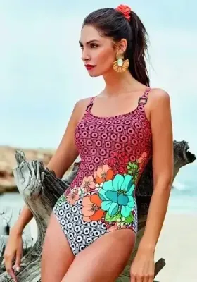 Chiara Swimsuit by Nuria Ferrer in a floral and abstract design. Lifestyle photo.