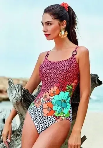 Chiara Swimsuit by Nuria Ferrer in a floral and abstract design. Lifestyle photo.