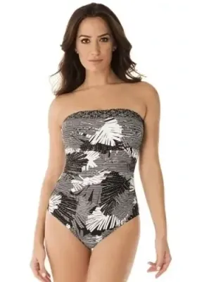 Miraclesuit Moonlight Oasis Bandeau Miraclesuit Moonlight Oasis Bandeau Swimuit in a monochrome floral print. Front view.