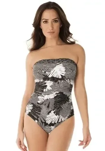 Miraclesuit Moonlight Oasis Bandeau Swimuit in a monochrome floral print. Front view.