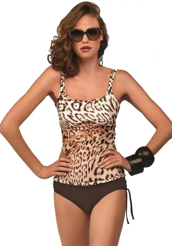 Roidal Tirsa Tankini. The fabric is a classic animal print in a deep chocolate brown