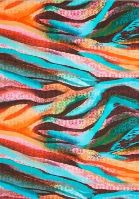 Aquarelle Pareo by Nuria Ferrer features a colourful, painterly print on a natural viscose fabric. Swatch.