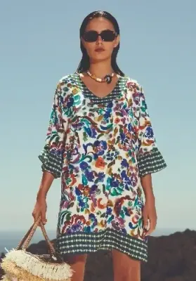 Eda Sundress by Nuria Ferrer Eda Sundress by Nuria Ferrer. Floral print sundress with contrast print to neckline, sleeve ends & hemline.