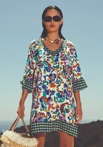 Eda Sundress by Nuria Ferrer. Floral print sundress with contrast print to neckline, sleeve ends & hemline.