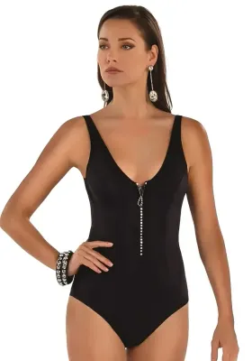  Roidal Angela Swarovski Zip Swimsuit. The design is plain black with an eye-catching Swarovski Elements zip.