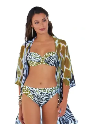 Roidal Namibia Teldi E Cup Bikini. The fabric is an abstract animal print. The bikini pants are high waisted. The bikini top has underwires to provide E-cup sized bust support. The shoulder straps are length adjustable.