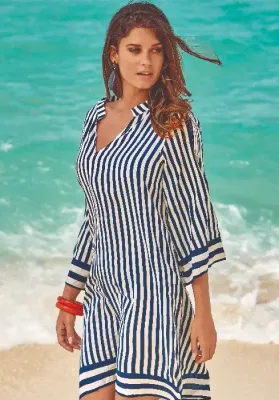 David Swimwear Capri Sleeved Dress in a Blue and White striped fabric. 