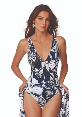 Roidal Cachemire Pacific One-piece Swimsuit. The fabric is a stylish blue and white Paisley design.