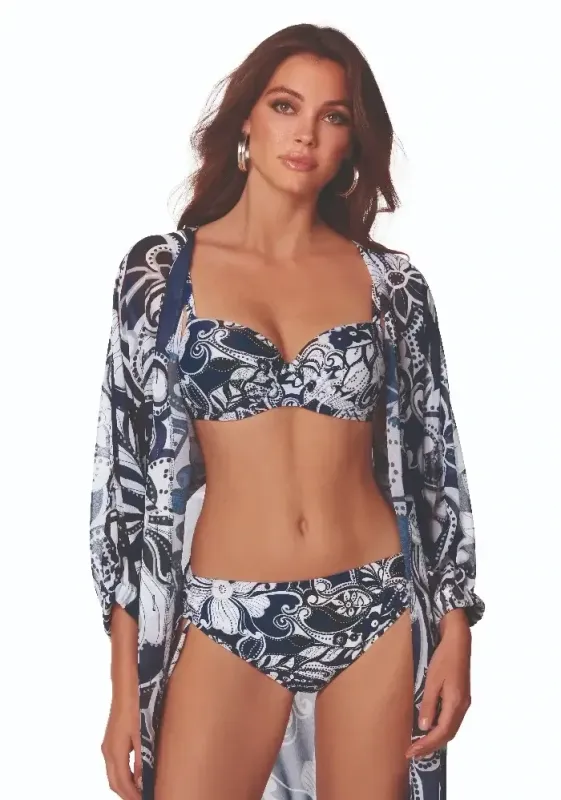 Roidal Cachemire Nora Bikini. Fabric features a Blue and White Paisley pattern.  The bikini features adjustable shoulder straps, supportive underwired cups, and variable coverage tie-side pants