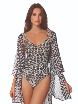 Noa Verdi Shirt Dress by Roidal Roidal Noa Verdi Shirt Dress. Black, Brown and White "dot and wave" semi-sheer chiffon abstract print fabric. The ¾ length sleeves give nice arm coverage, and pretty pearlised buttons run the length of the front piece.