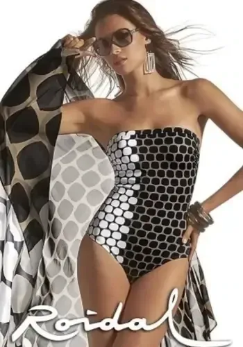 Roidal Bambu Bicolour Ginger Bandeau Swimsuit. Brown, Black and White geometric pattern. Bandeau style swimsuit with detachable halterneck strap.