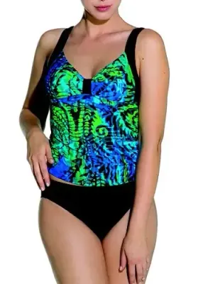 Palm Beach Marina Tankini in a royal blue and emerald green abstract fabric.