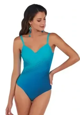 Roidal Arian Ombre Swimsuit . Blue ombre effect tailored fabric lined cups combine with the underwires. The crossover fabric front creates a visually slimming illusion. 