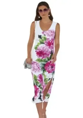 Roidal Larys Bela Tunic Dress. Pink floral design on a White background. The column style combined with the midi length gives a slimming effect.